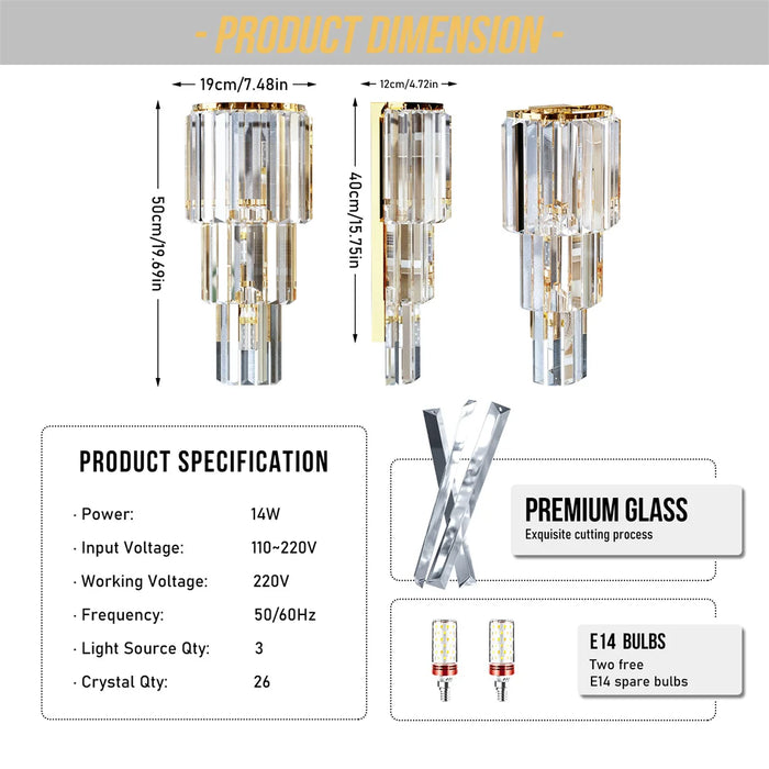 Crystal Wall Sconce – Luxurious 3- or 5-Tier LED Lighting with Gold Finish