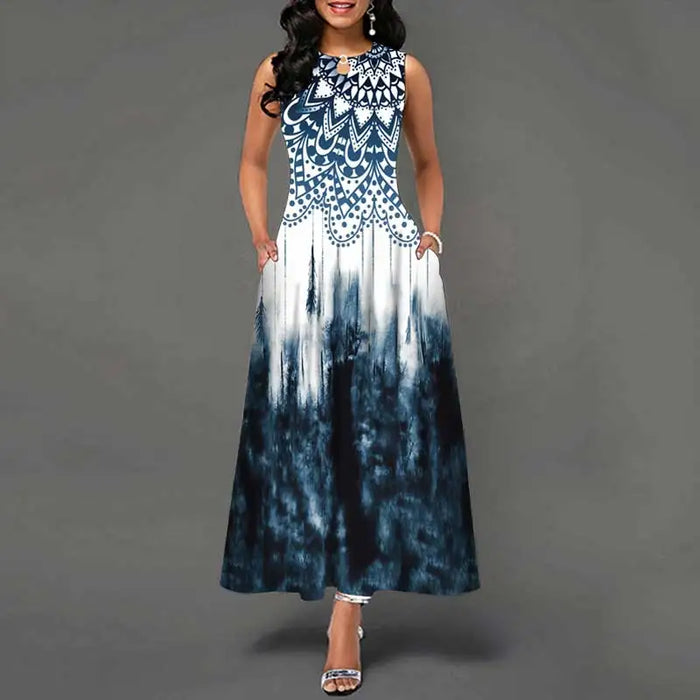 Bohemian Maxi Dress – Sleeveless Floral Print with Loose Swing Silhouette - Samanta Factory