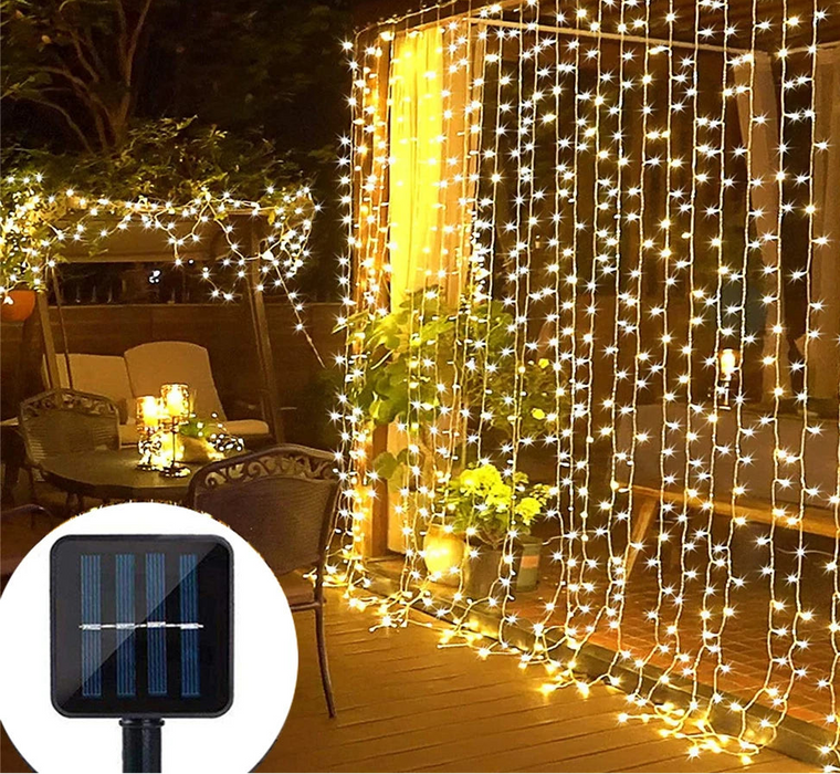 Solar-powered LED curtain lights in multicolor with IP65 waterproof design and remote control for outdoor holiday decoration