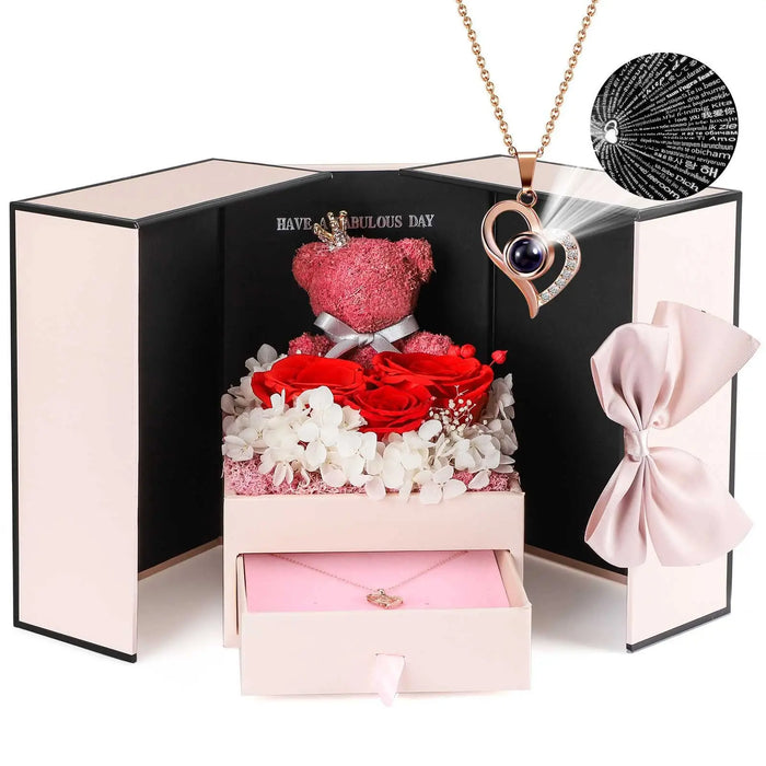 Eternal Preserved Rose Gifts – Moss Bear & Jewelry Box with “I Love You 100 Languages” Necklace - Samanta Factory