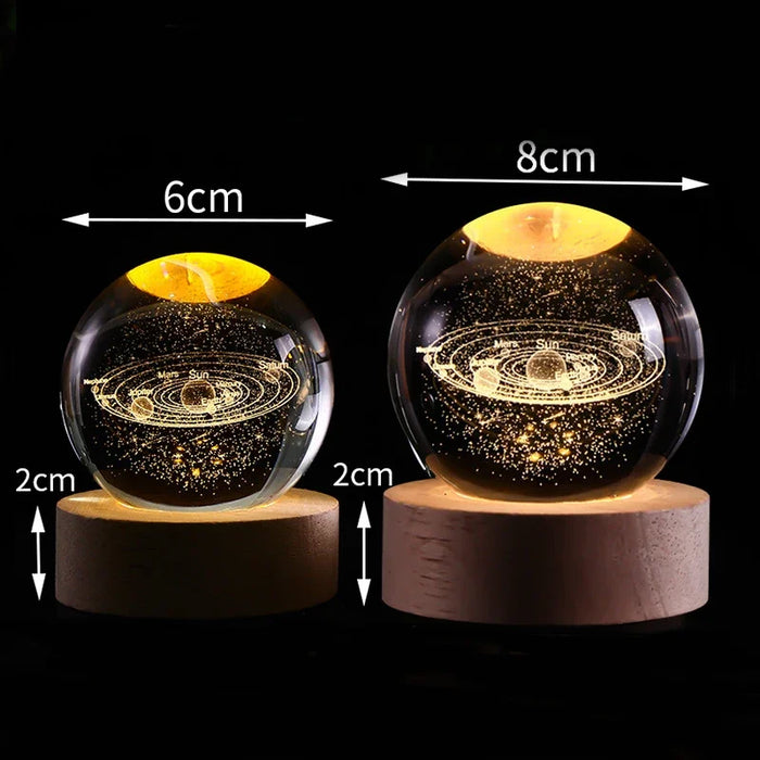 3D Crystal Solar System Night Light – Laser-Engraved Planet Globe with Wooden Base