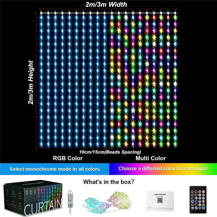 Smart LED Curtain Lights – APP Controlled RGB Fairy String for Christmas Decor