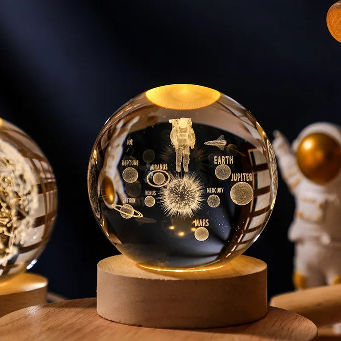 3D Crystal Solar System Night Light – Laser-Engraved Planet Globe with Wooden Base