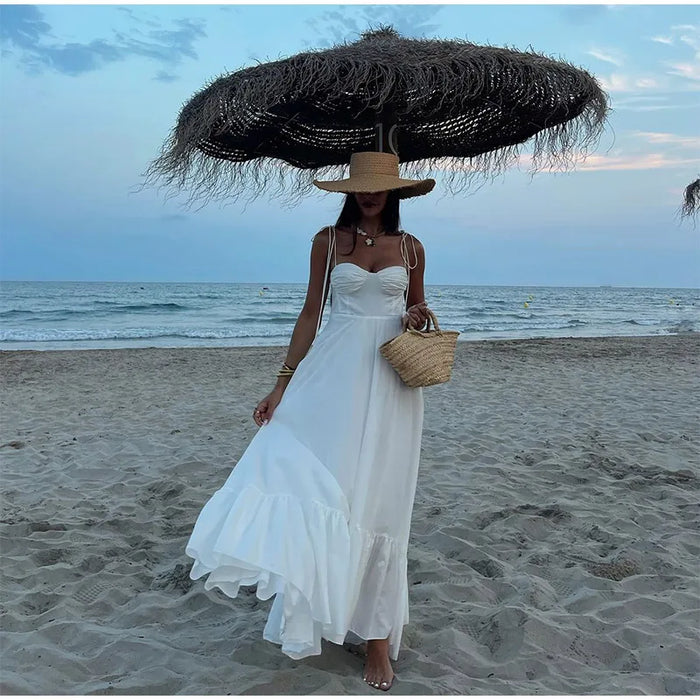 A-line Strap Long Dress – Square Neck & Backless Design - Samanta Factory