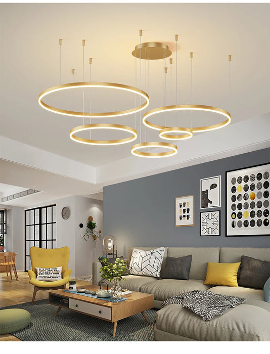 Modern LED Pendant Light – Gold Aluminum Chandelier with Remote Control - Samanta Factory