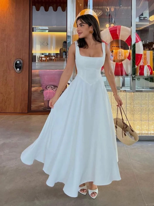 A-line Strap Long Dress – Square Neck & Backless Design - Samanta Factory