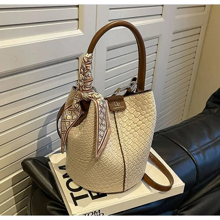 PU Leather Knitted Bucket Bag – Soft Casual Messenger Handbag for Women - Samanta Factory