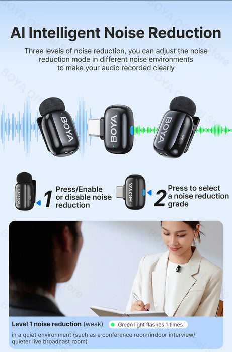 BOYA Mini Wireless Microphone – 2.4GHz Lavalier Mic with Charging Case for iPhone & Android - Samanta Factory