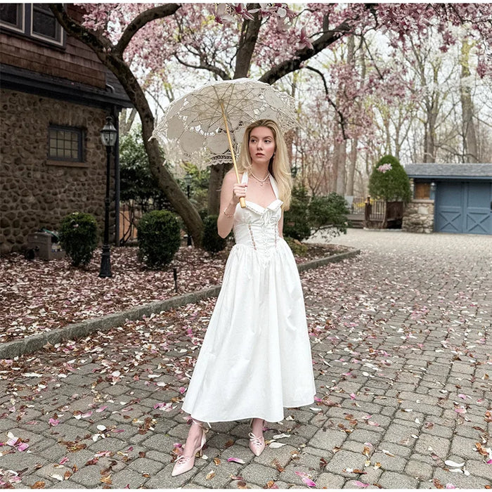 A-line Strap Long Dress – Square Neck & Backless Design - Samanta Factory
