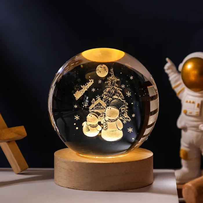 3D Crystal Solar System Night Light – Laser-Engraved Planet Globe with Wooden Base