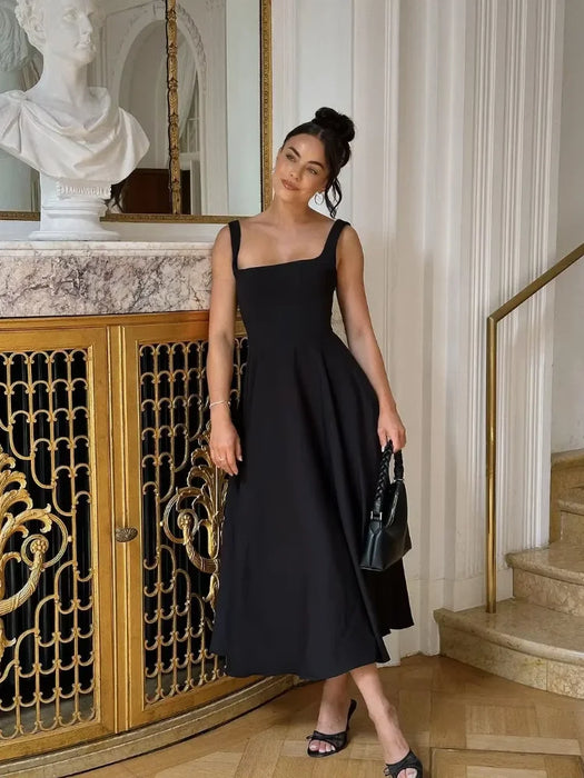 A-line Strap Long Dress – Square Neck & Backless Design - Samanta Factory