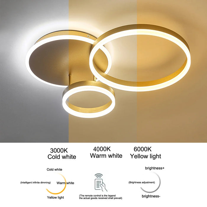 LED Ceiling Light – Modern Gold Triple-Ring Design with Remote Control - Samanta Factory