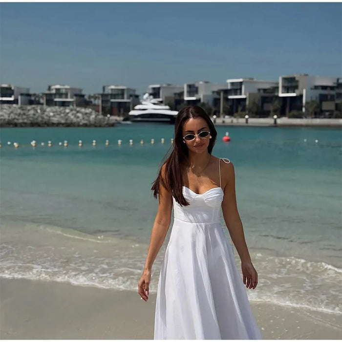 A-line Strap Long Dress – Square Neck & Backless Design - Samanta Factory