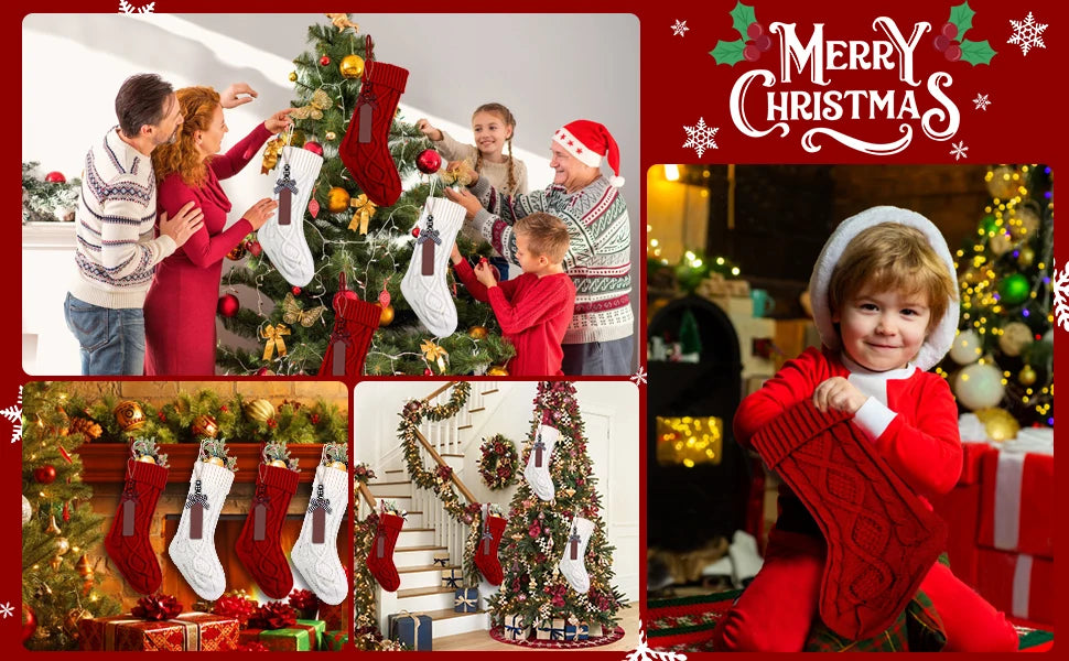 Personalised Christmas Stockings – Knitted Design with Wooden Name Tags