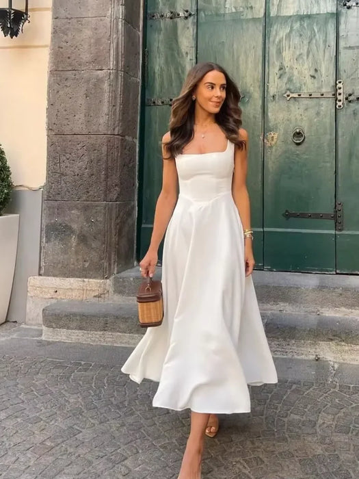 A-line Strap Long Dress – Square Neck & Backless Design - Samanta Factory