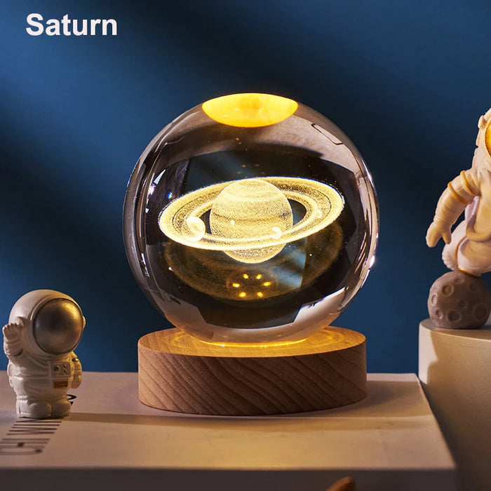 Glowing Crystal Ball Night Light – 3D Solar System LED Lamp with Wooden Base