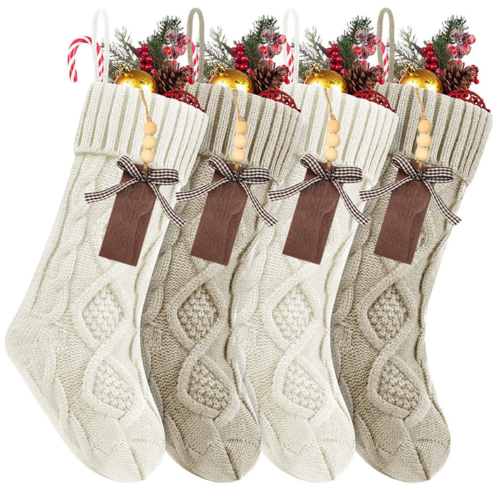 Personalised Christmas Stockings – Knitted Design with Wooden Name Tags