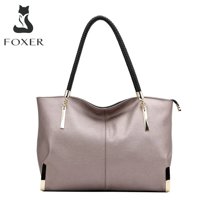 FOXER split leather women’s tote bag with dual handles, multiple interior compartments, and soft casual design for everyday use.
