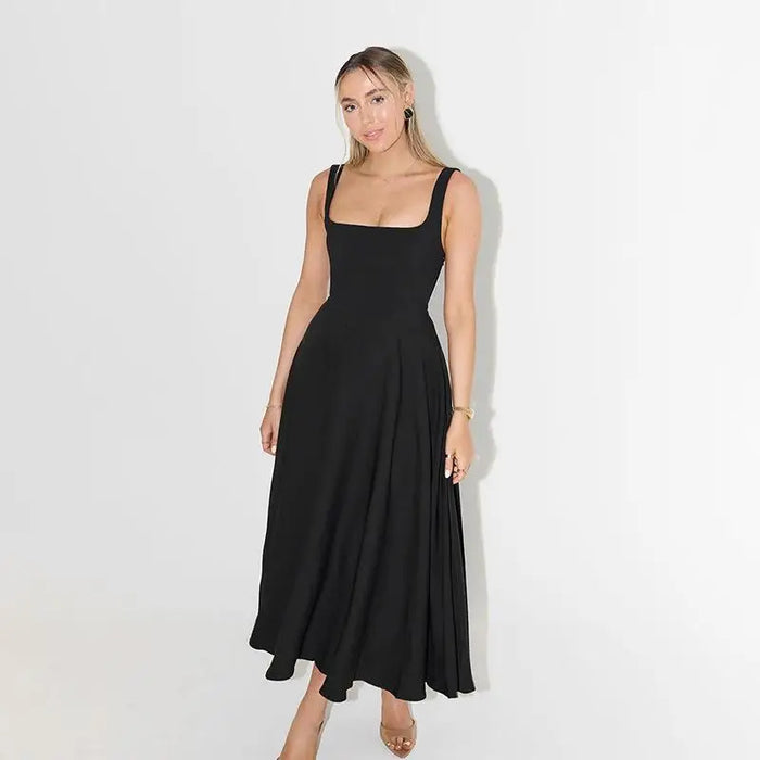 A-line Strap Long Dress – Square Neck & Backless Design - Samanta Factory