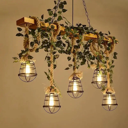 Vintage wrought iron chandelier with wood accents and adjustable 80cm chain for restaurant and hotel dining