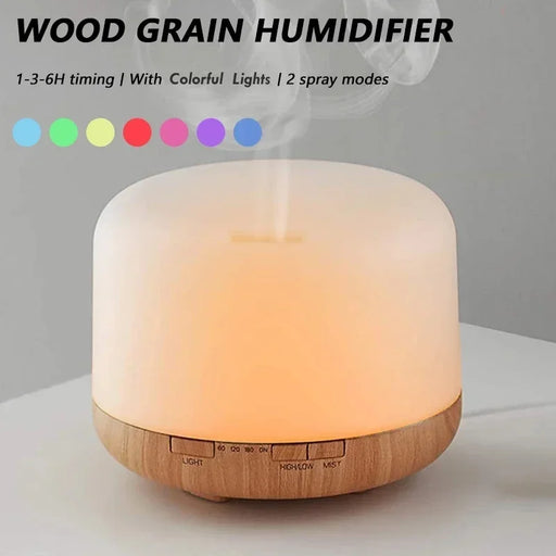 Compact Wood Grain Aroma Diffuser with 500ml Capacity and Colorful Night Light