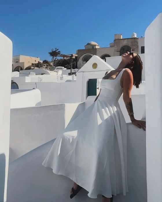 A-line Strap Long Dress – Square Neck & Backless Design - Samanta Factory
