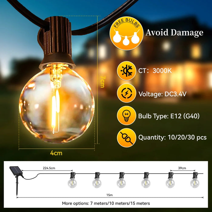 Solar String Lights – Outdoor Waterproof G40 Bulbs with Remote Control