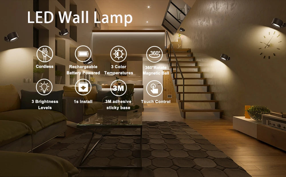 Rechargeable LED Wall Light – Touch Control with 3 Colour Modes & Adjustable 360° Rotation - Samanta Factory
