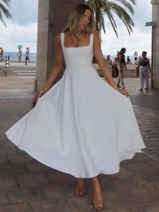 A-line Strap Long Dress – Square Neck & Backless Design - Samanta Factory