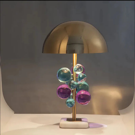 Art Deco mushroom floor lamp with colourful glass globes and polished chrome finish
