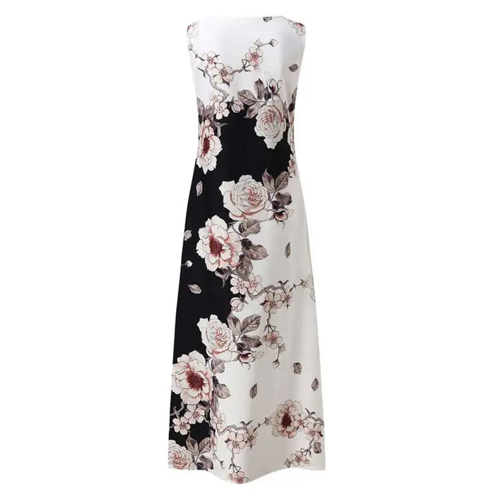 Bohemian Maxi Dress – Sleeveless Floral Print with Loose Swing Silhouette - Samanta Factory