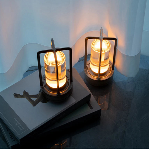 Black aluminium LED desk lamp with touch-control dimmer and rechargeable battery