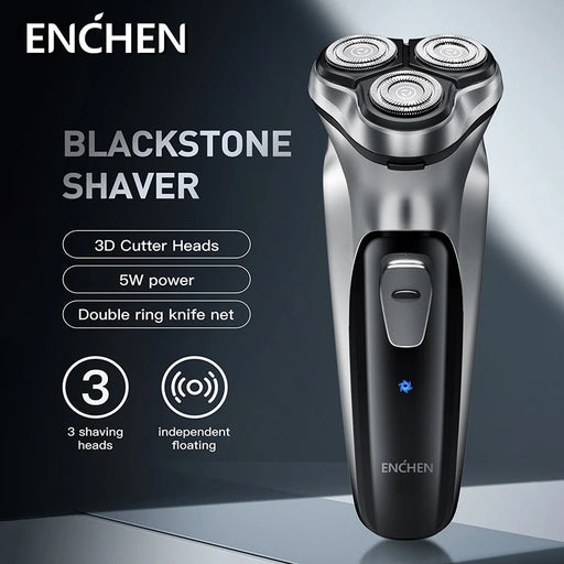 3D rotary electric shaver with triple floating heads, dual ring cutter, and smart display on a sleek bathroom countertop

