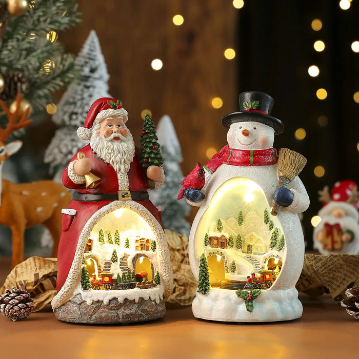 Lighted Christmas Cabin Music Box – LED Santa & Snowman Decoration with Rotating Train