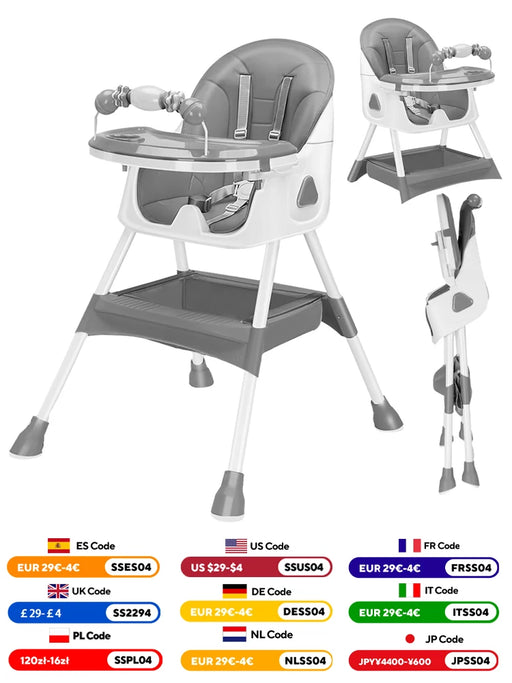 3-in-1 convertible baby high chair with removable tray, safety harness, and washable cushion shown in a modern kitchen setting


