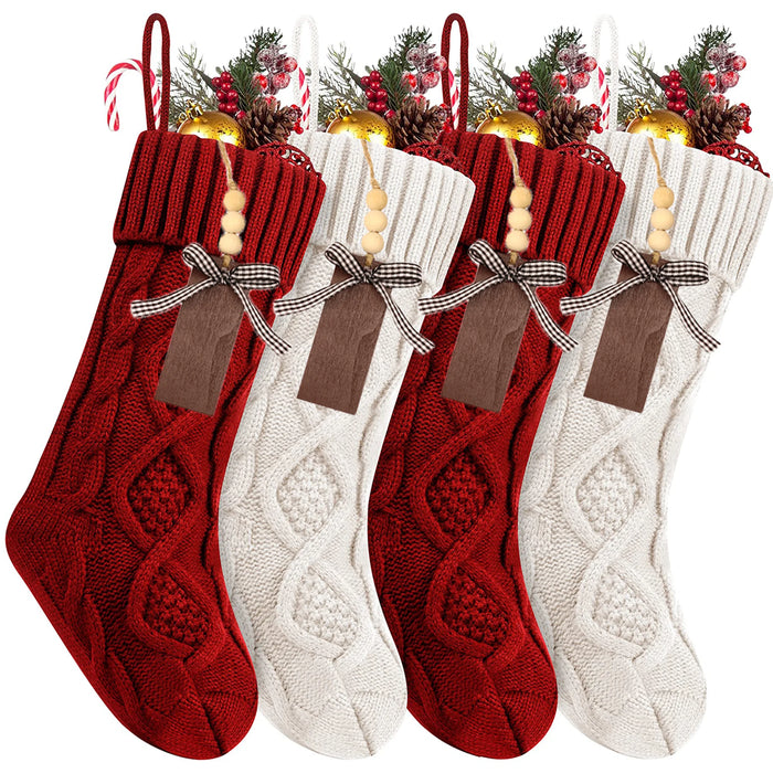 Personalised Christmas Stockings – Knitted Design with Wooden Name Tags