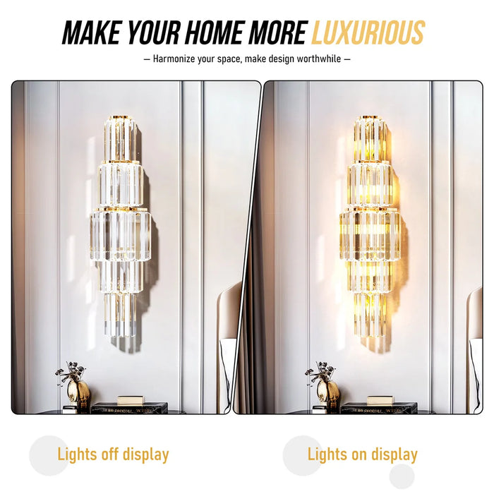 Crystal Wall Sconce – Luxurious 3- or 5-Tier LED Lighting with Gold Finish
