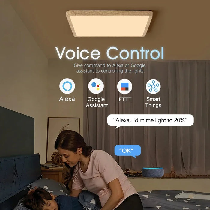 Smart LED Ceiling Light – Wood Grain Design with App & Remote Control