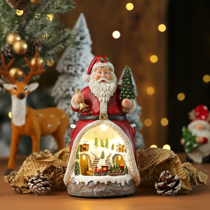 Lighted Christmas Cabin Music Box – LED Santa & Snowman Decoration with Rotating Train
