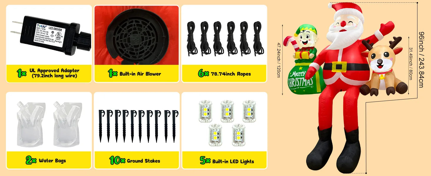 Christmas Inflatable Santa Claus – 8FT Sitting Santa with Elves & Reindeer