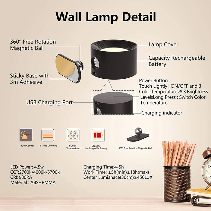 Rechargeable LED Wall Light – Touch Control with 3 Colour Modes & Adjustable 360° Rotation - Samanta Factory