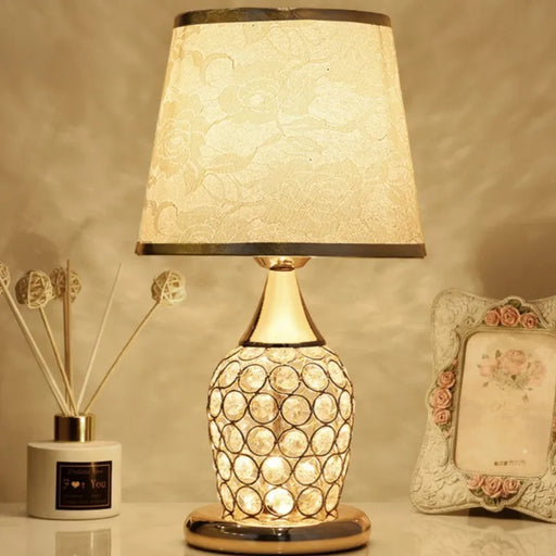 European crystal table lamp with fabric shade and polished chrome finish for bedroom decor