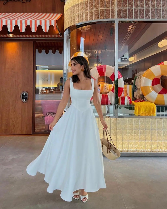 A-line Strap Long Dress – Square Neck & Backless Design - Samanta Factory