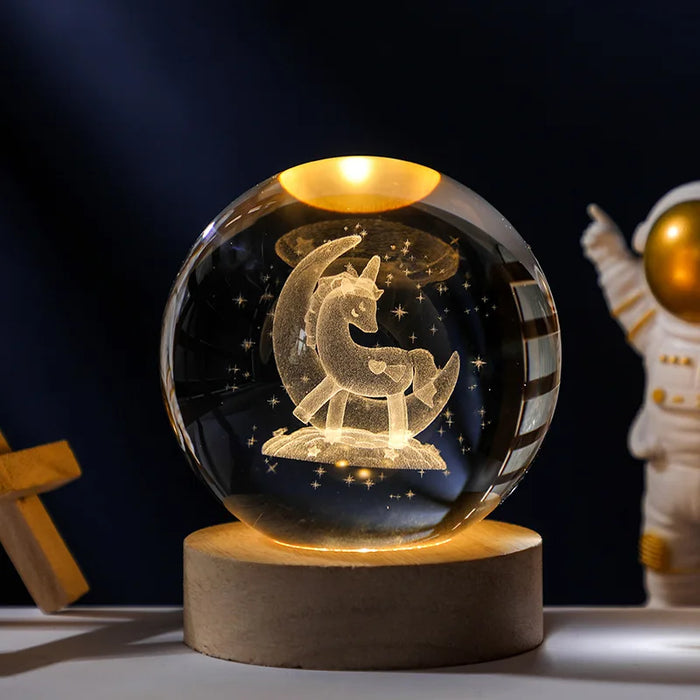 3D Crystal Solar System Night Light – Laser-Engraved Planet Globe with Wooden Base