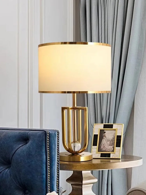 Modern metal desk and night lamp with fabric shade and crystal accents for bedroom, living room, or study
