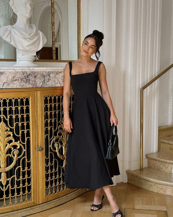 A-line Strap Long Dress – Square Neck & Backless Design - Samanta Factory
