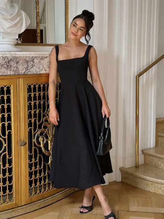 A-line Strap Long Dress – Square Neck & Backless Design - Samanta Factory