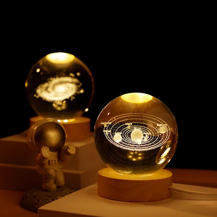 3D Crystal Solar System Night Light – Laser-Engraved Planet Globe with Wooden Base