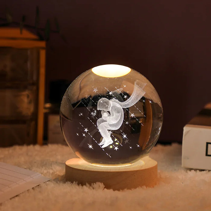 3D Crystal Solar System Night Light – Laser-Engraved Planet Globe with Wooden Base