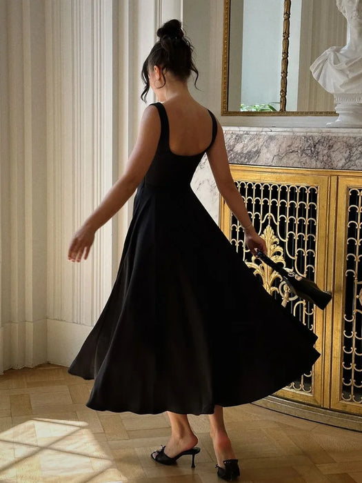 A-line Strap Long Dress – Square Neck & Backless Design - Samanta Factory